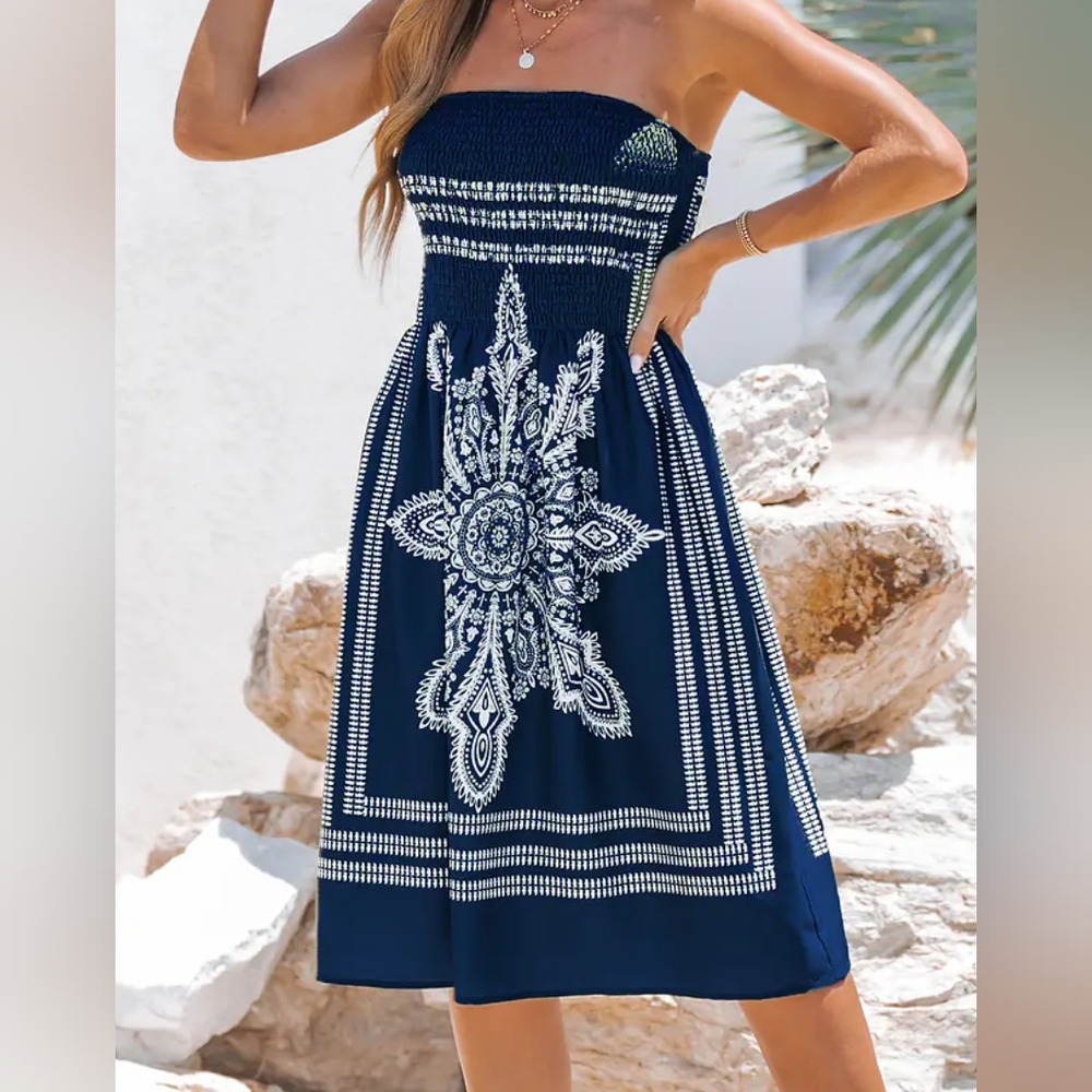 Teal Boho Smocked Bodice Mini Tube Dress